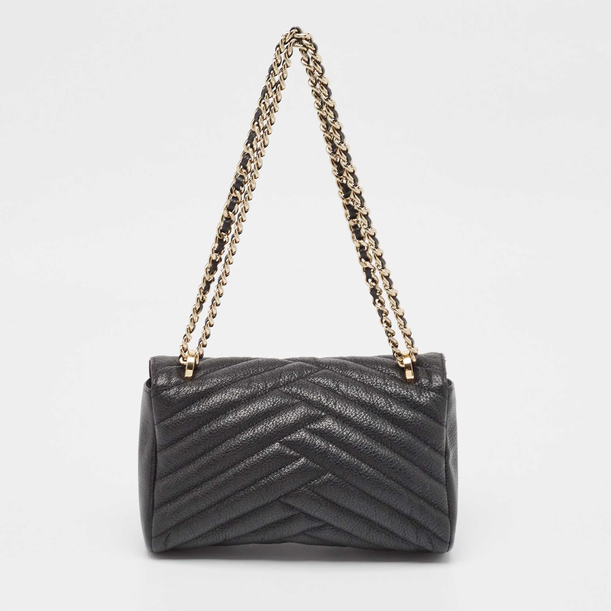 Women's Carolina Herrera Black Chevron Leather Bimba Flap Shoulder Bag