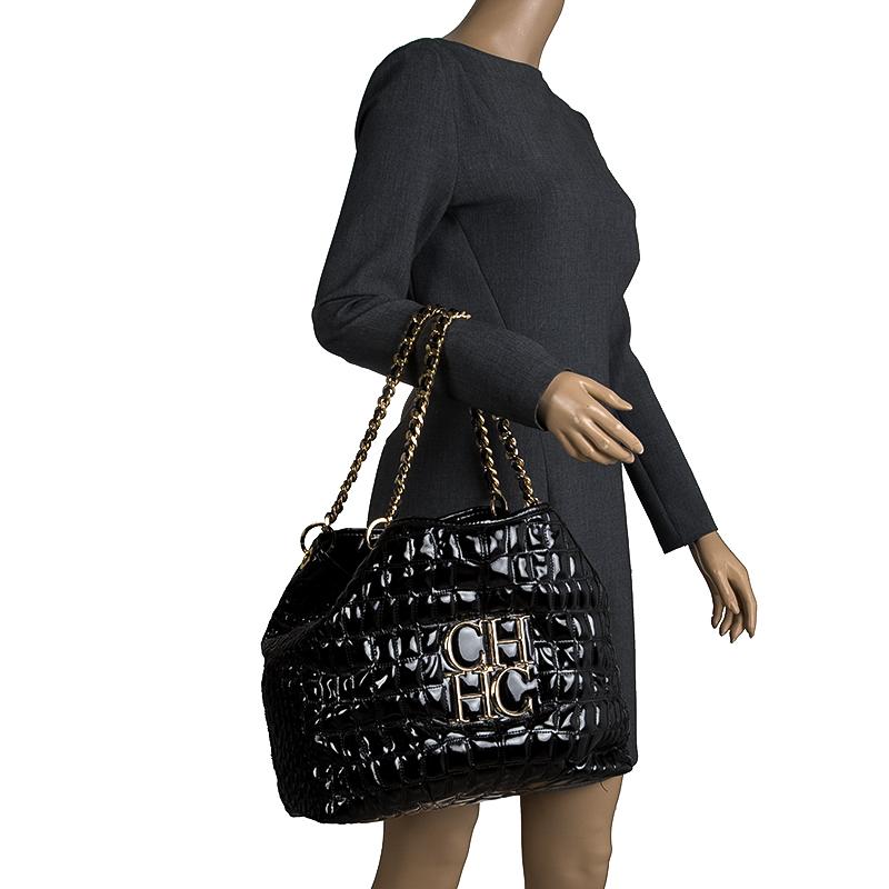 Carolina Herrera Black Croc Embossed Patent Leather Tote In Fair Condition In Dubai, Al Qouz 2