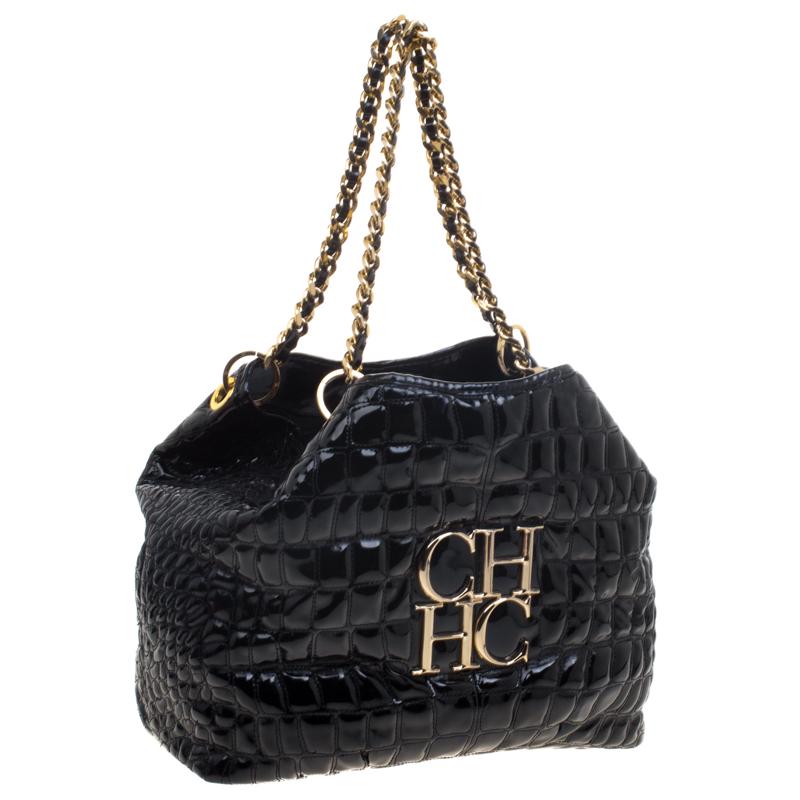 Carolina Herrera Black Croc Embossed Patent Leather Tote 1
