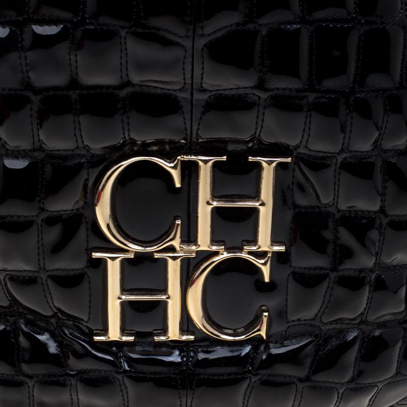Carolina Herrera Black Croc Embossed Patent Leather Tote 3