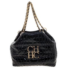 Carolina Herrera Black Croc Embossed Patent Leather Tote