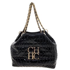 Carolina Herrera Black Croc Embossed Patent Leather Tote