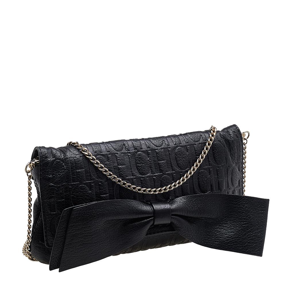 Carolina Herrera Black Embossed Leather Audrey Bow Flap Shoulder Bag For Sale 3