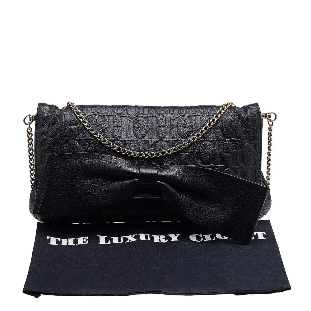 Carolina Herrera Black Embossed Leather Audrey Bow Flap Shoulder Bag For Sale 6