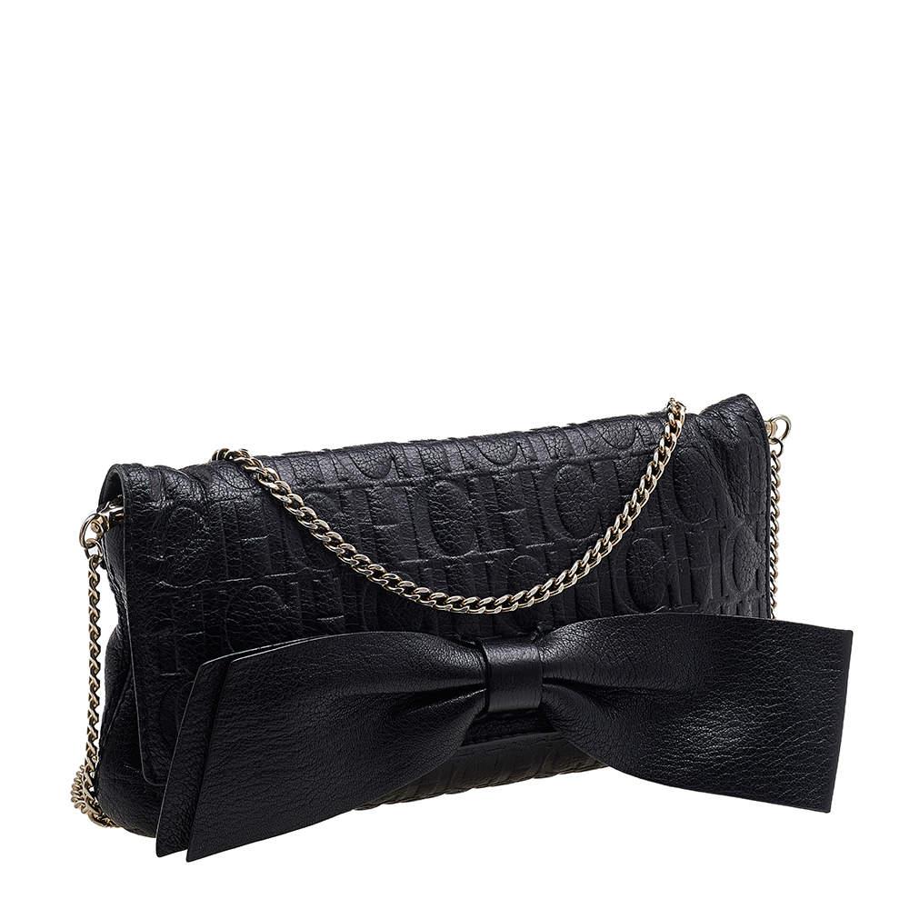 Carolina Herrera Black Embossed Leather Audrey Bow Flap Shoulder Bag For Sale 2