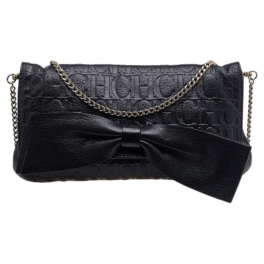 Carolina Herrera Black Embossed Leather Audrey Bow Flap Shoulder Bag For Sale