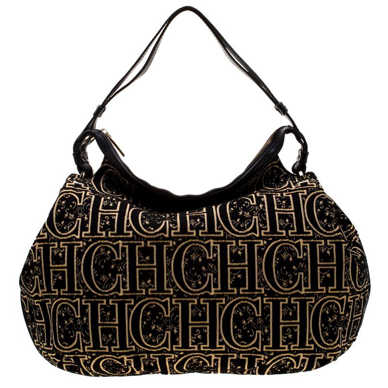 Carolina Herrera Black/Gold Monogram Velvet and Leather Hobo