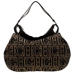 Carolina Herrera Black/Gold Monogram Velvet and Leather Hobo