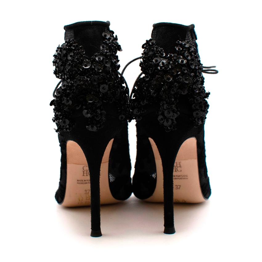 Carolina Herrera Black Lace & Suede Embroidered Open Toe Ankle Boots - Size 37 In New Condition In London, GB