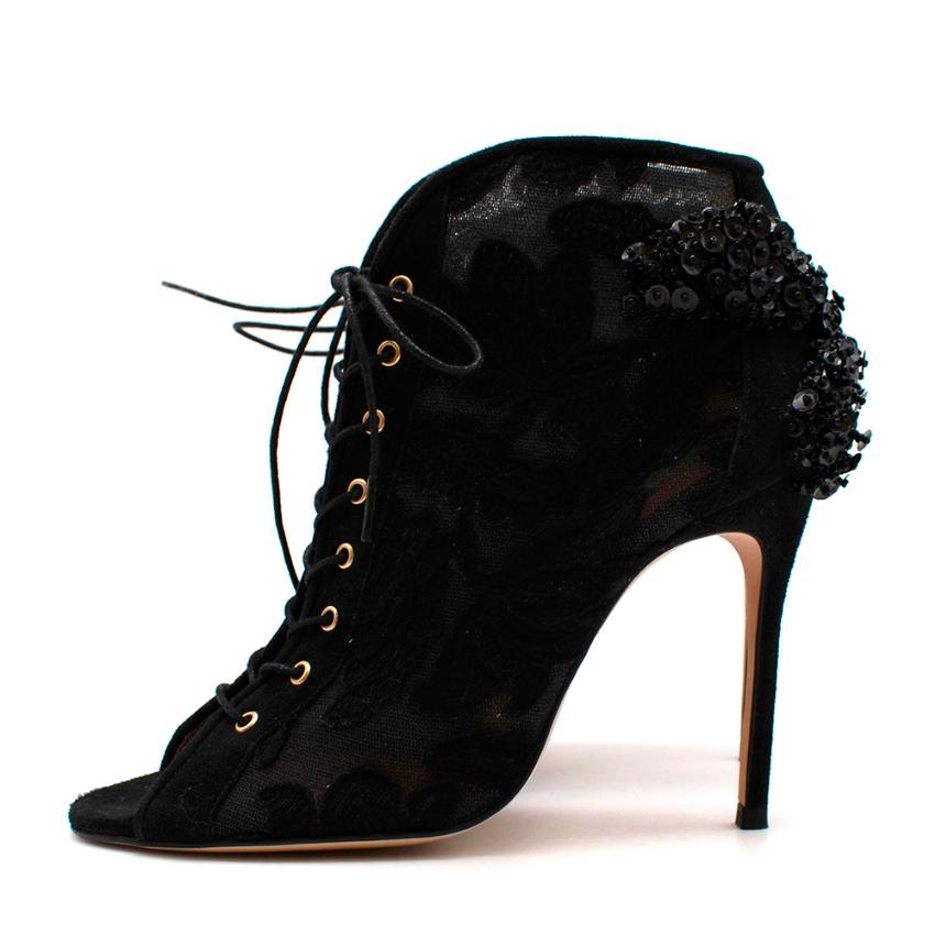 Women's or Men's Carolina Herrera Black Lace & Suede Embroidered Open Toe Ankle Boots - Size 37