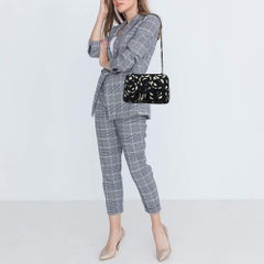 Carolina Herrera Black Leather and Tweed Floral Applique Shoulder Bag
