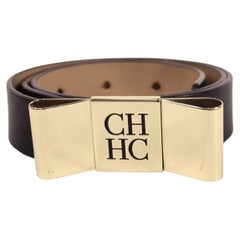 Carolina Herrera Black Leather Belt with Gold CH Logo Buckle