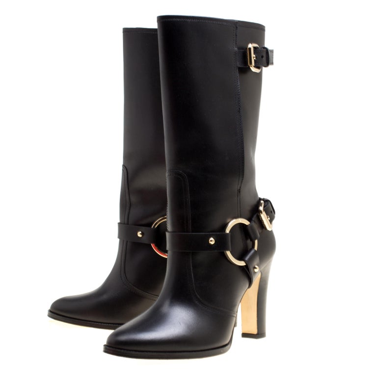Carolina Herrera Black Leather Calf Length Boots Size 39 For Sale at