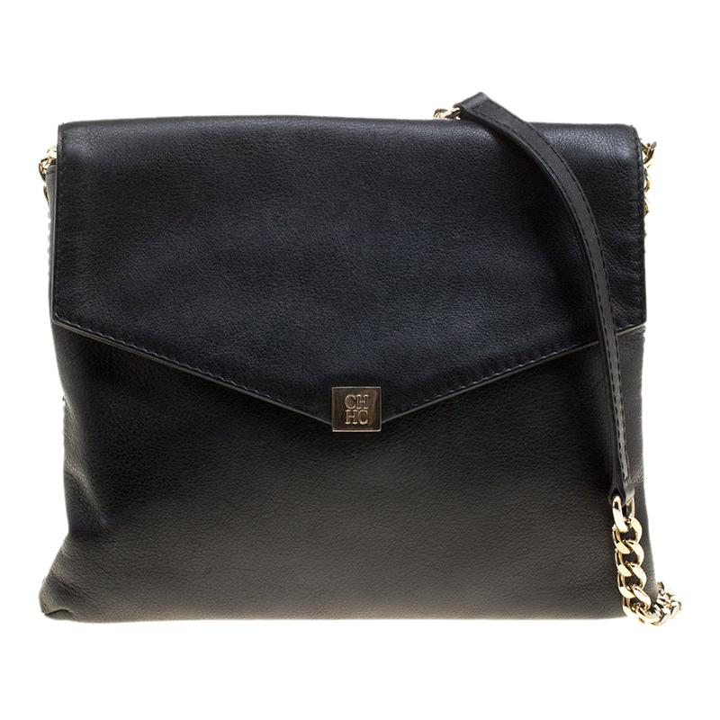 Carolina Herrera Black Leather Envelope Shoulder Bag