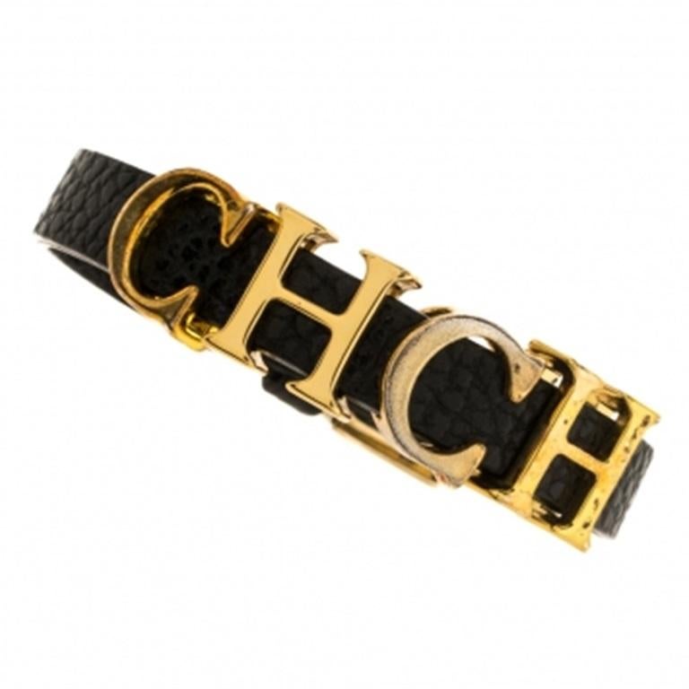 Women's Carolina Herrera Black Leather Gold Tone Adriana Bracelet For Sale