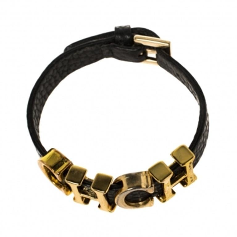 Carolina Herrera Black Leather Gold Tone Adriana Bracelet For Sale 1