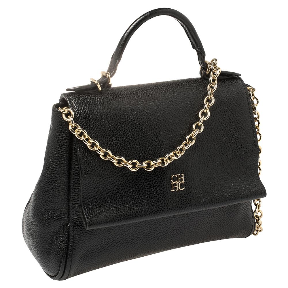 Carolina Herrera Black Leather Minueto Top Handle Bag In Good Condition In Dubai, Al Qouz 2