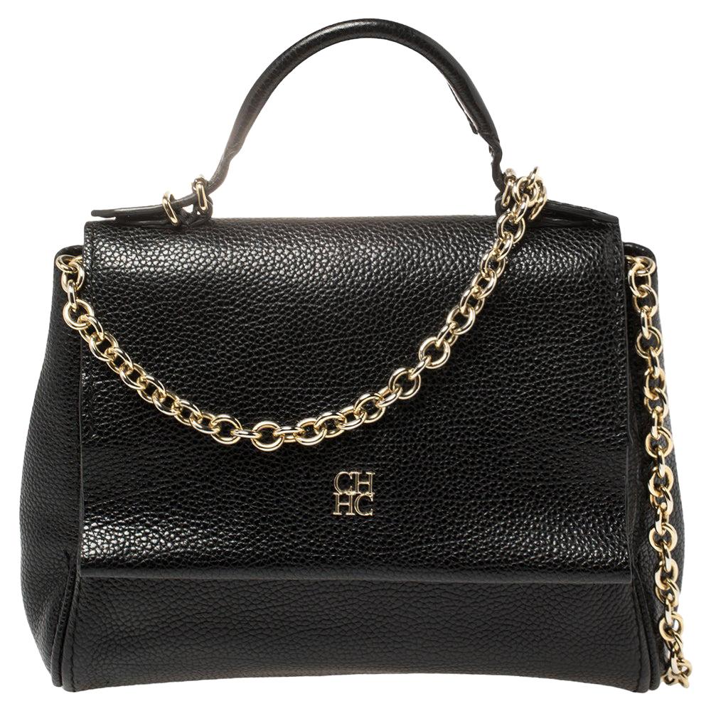 Carolina Herrera Black Leather Minueto Top Handle Bag