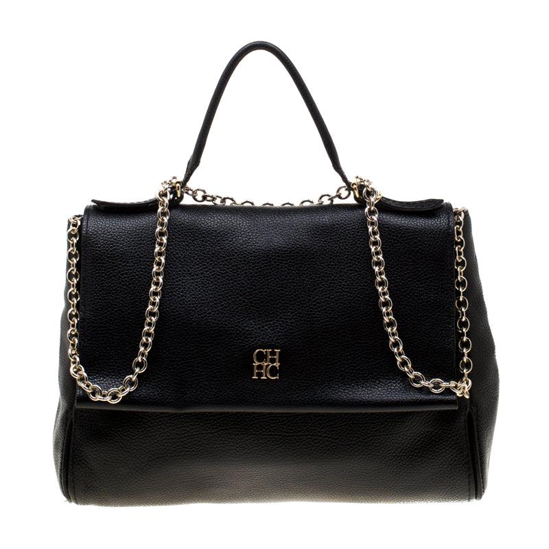 Carolina Herrera Black Leather Minuetto Flap Top Handle Bag