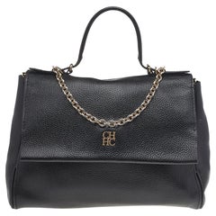 Carolina Herrera Black Leather Minuetto Top Handle Flap Shoulder Bag