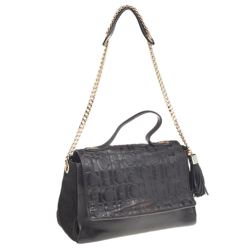 Carolina Herrera Black Leather Monogram Embossed Minuetto Top Handle Bag 1