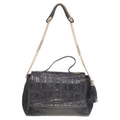 Carolina Herrera Black Leather Monogram Embossed Minuetto Top Handle Bag