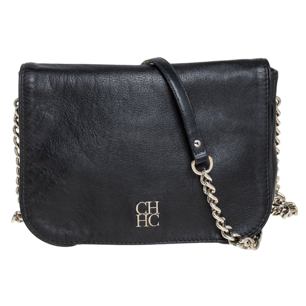 Carolina Herrera Black Leather New Baltazar Flap Shoulder Bag For Sale