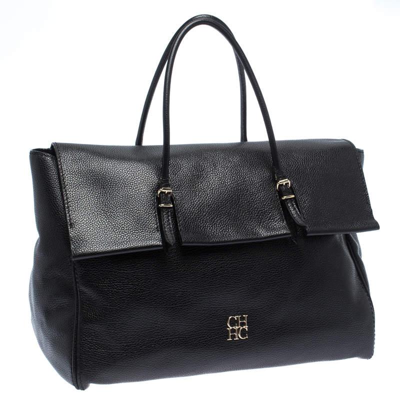 Women's Carolina Herrera Black Leather Tempo Collection Adagio Tote For Sale