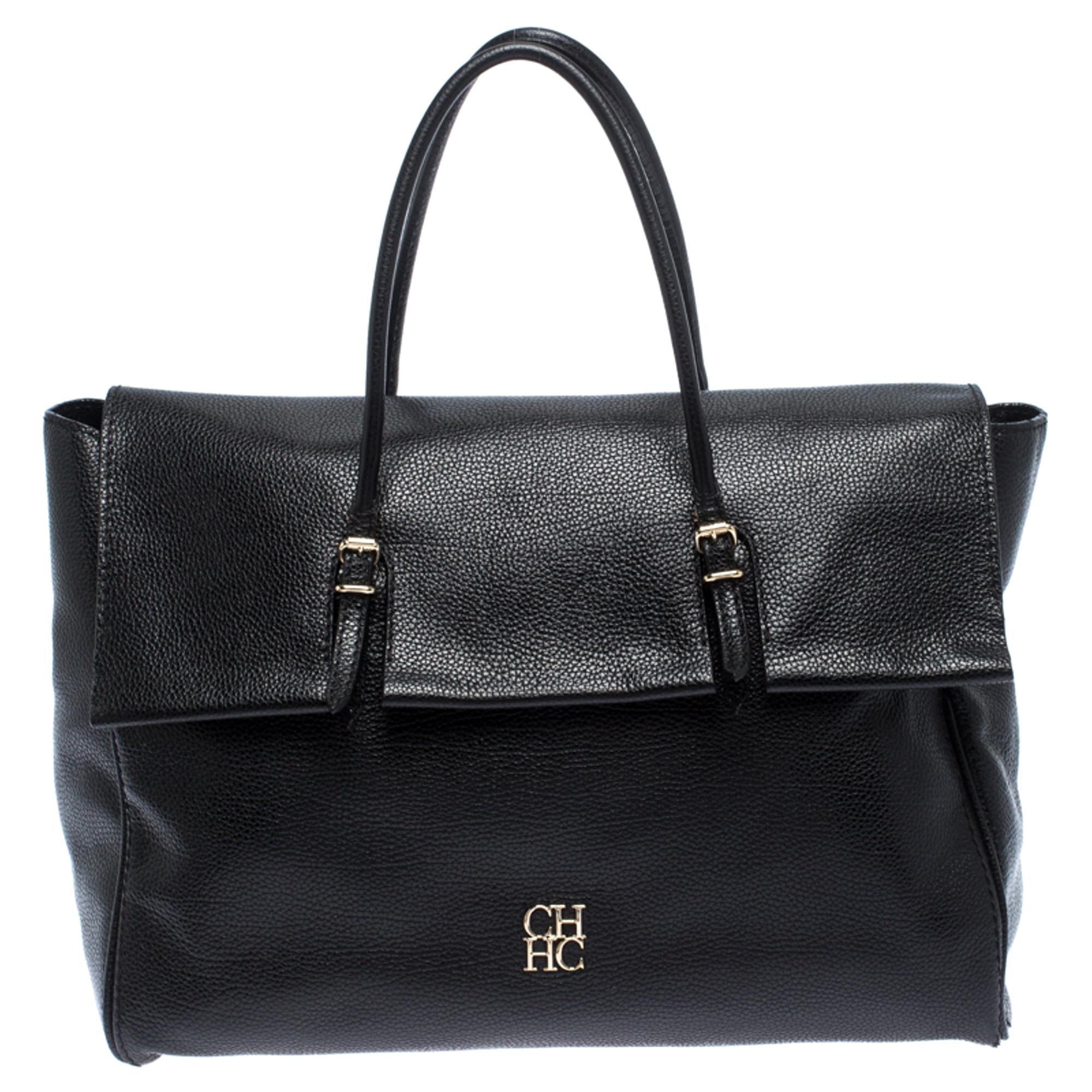 Carolina Herrera Black Croc Embossed Patent Leather Tote For Sale at