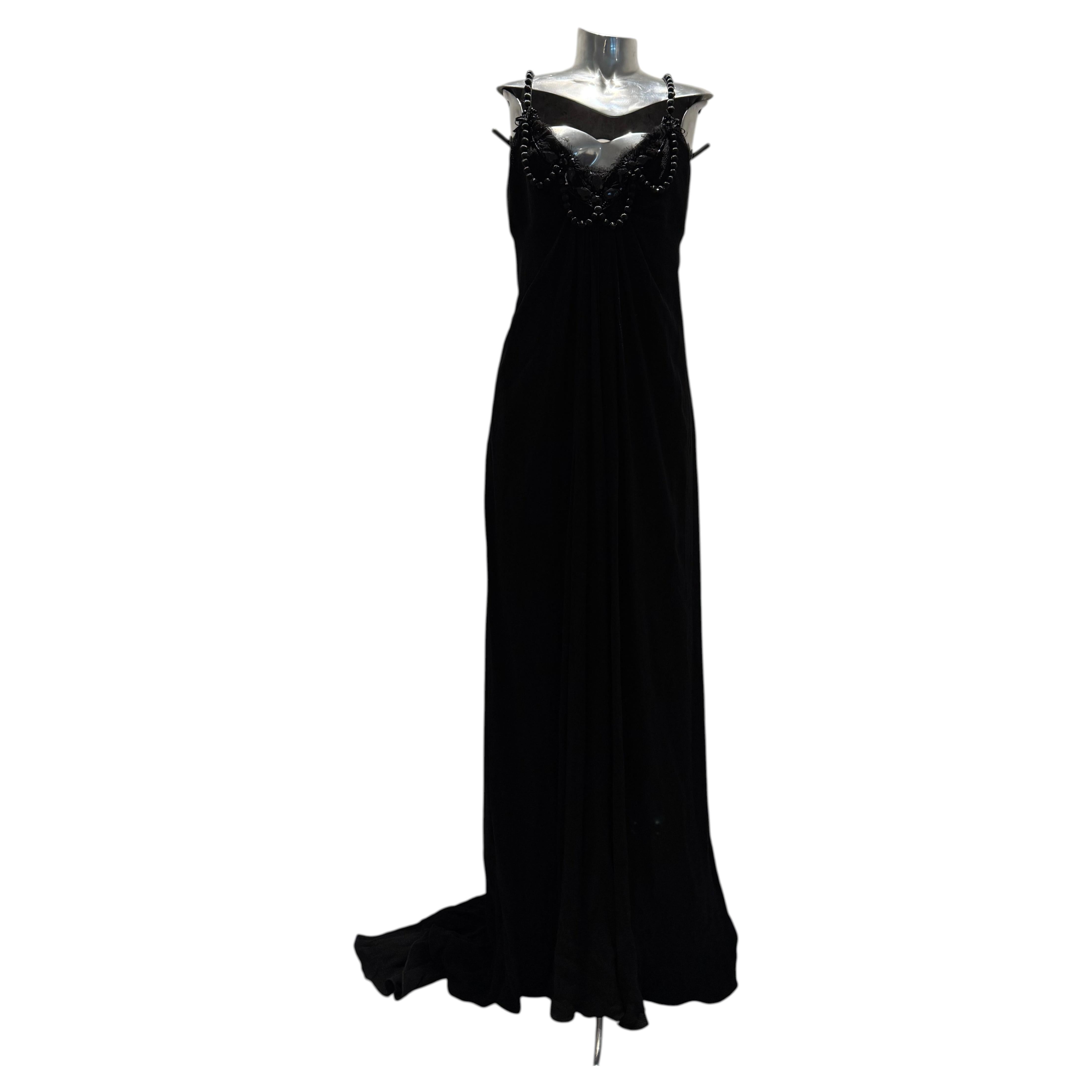 Carolina Herrera Vintage Black Silk Maxi Dress with Beaded Neckline