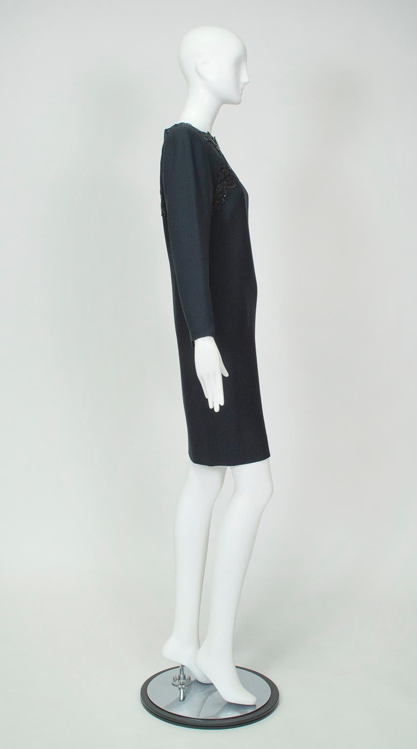 Women's Carolina Herrera Black Mini Cocktail Shift Dress w Sequin Bandolier – M, 1980s For Sale