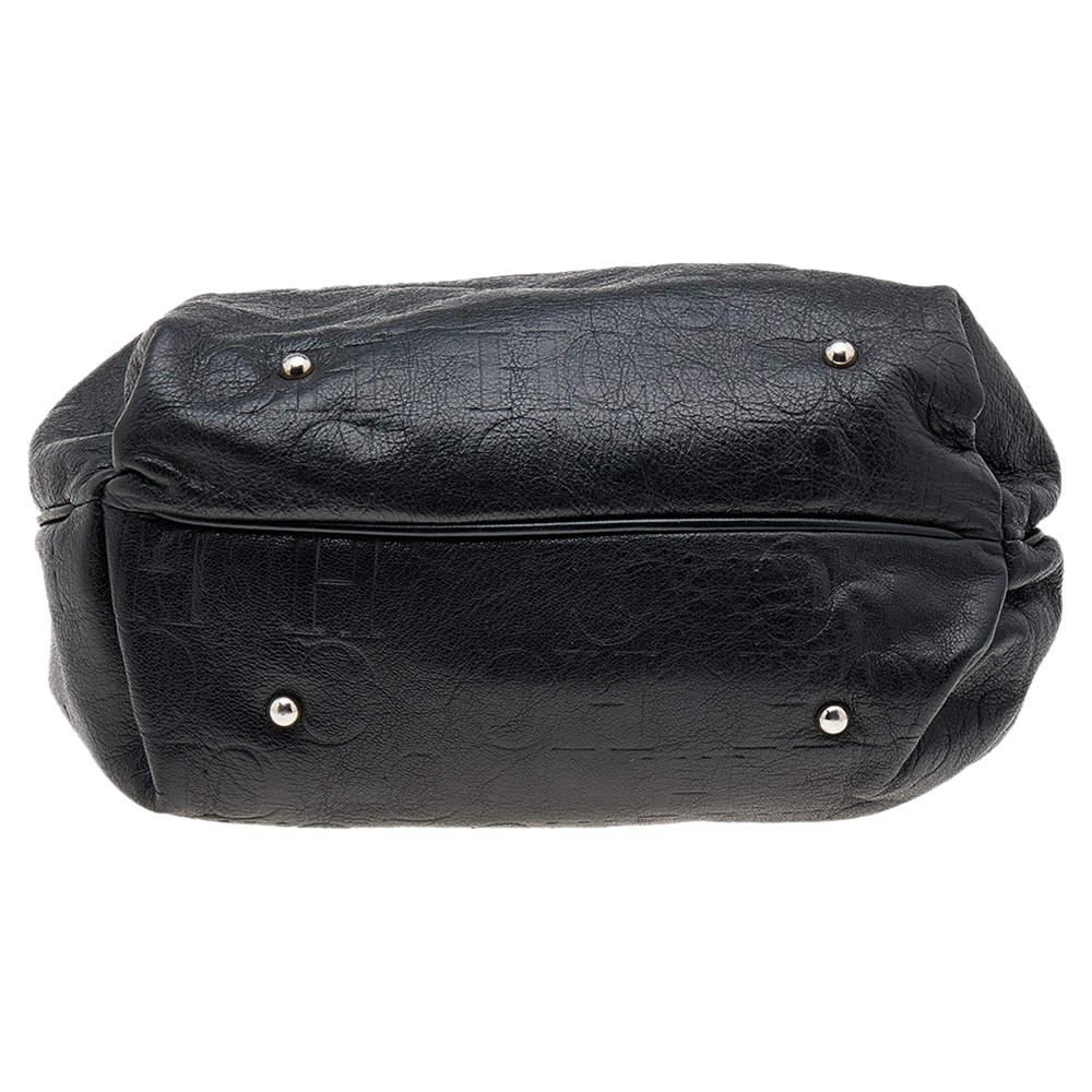 Carolina Herrera Black Monogram Embossed Leather Boston Bag For Sale 7