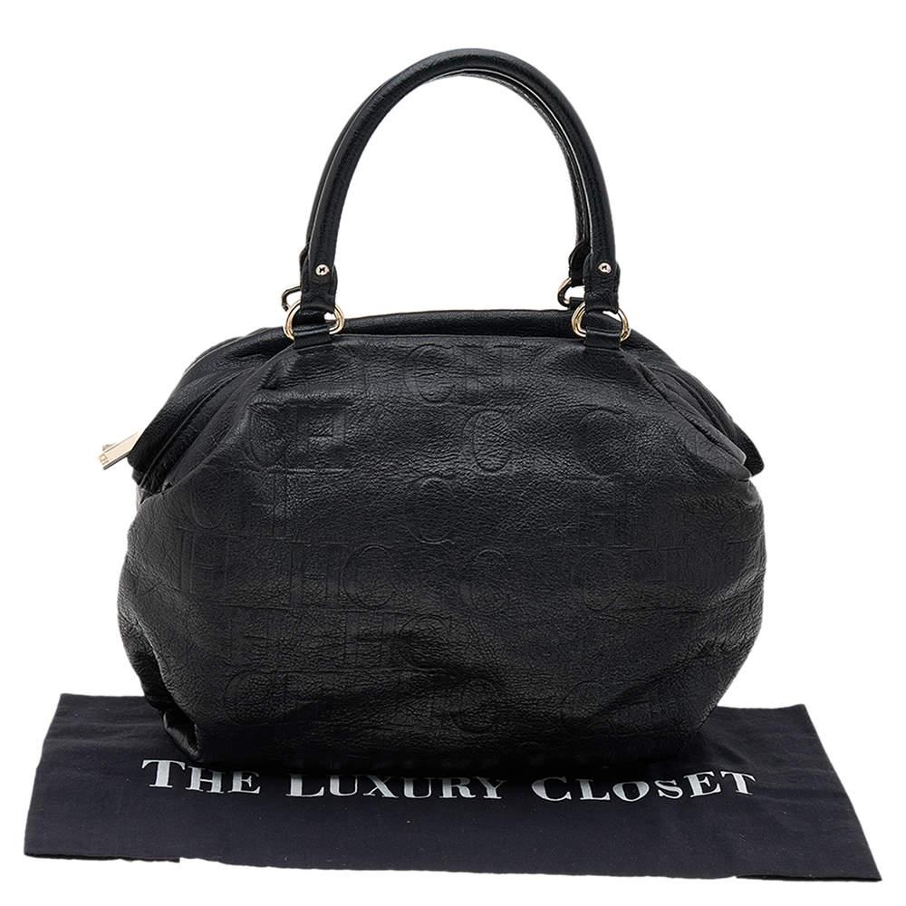 Carolina Herrera Black Monogram Embossed Leather Boston Bag For Sale 8