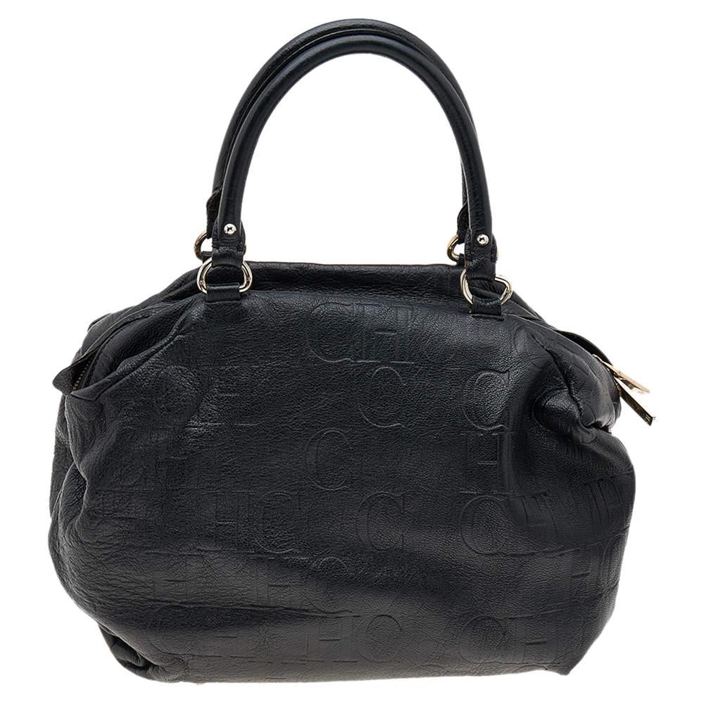 Carolina Herrera Black Monogram Embossed Leather Boston Bag For Sale 4