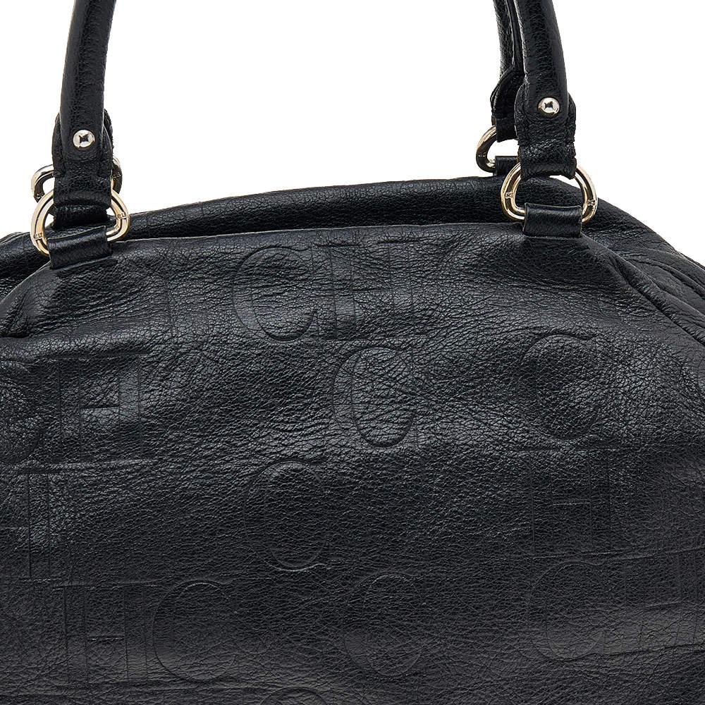 Carolina Herrera Black Monogram Embossed Leather Boston Bag For Sale 5