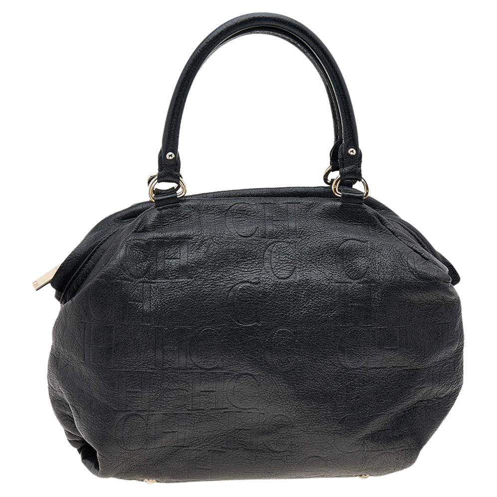 Carolina Herrera Black Monogram Embossed Leather Boston Bag For Sale
