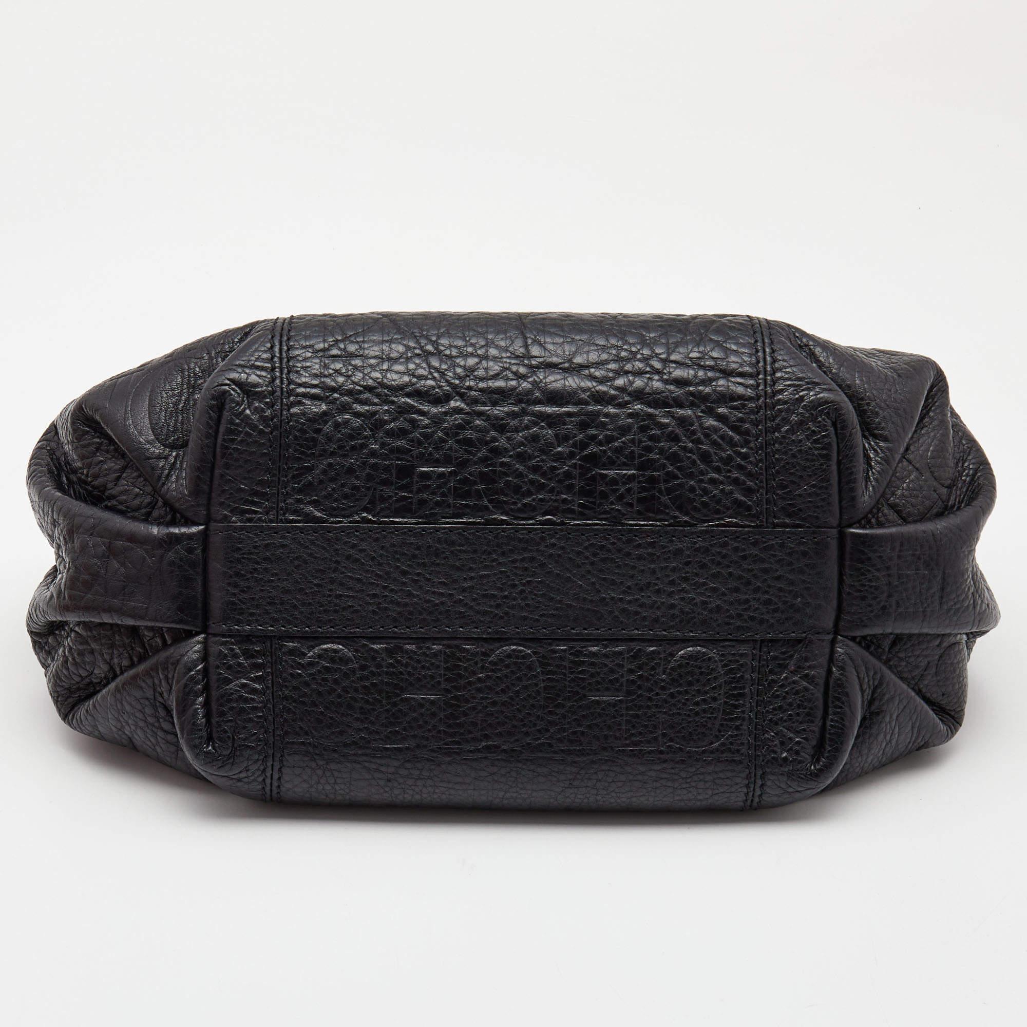 Carolina Herrera Black Monogram Embossed Leather Chain Hobo In Good Condition In Dubai, Al Qouz 2