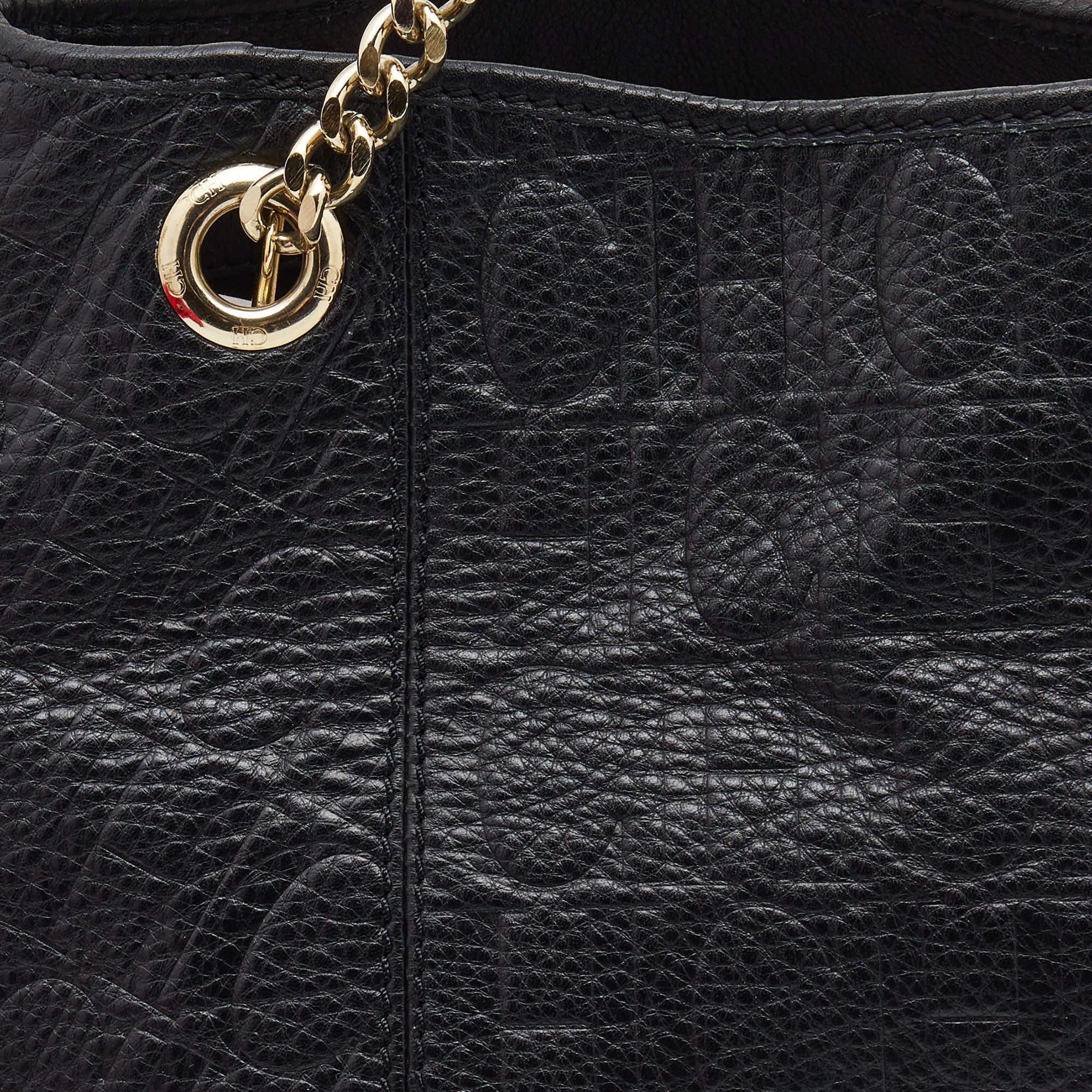 Carolina Herrera Black Monogram Embossed Leather Chain Hobo 3