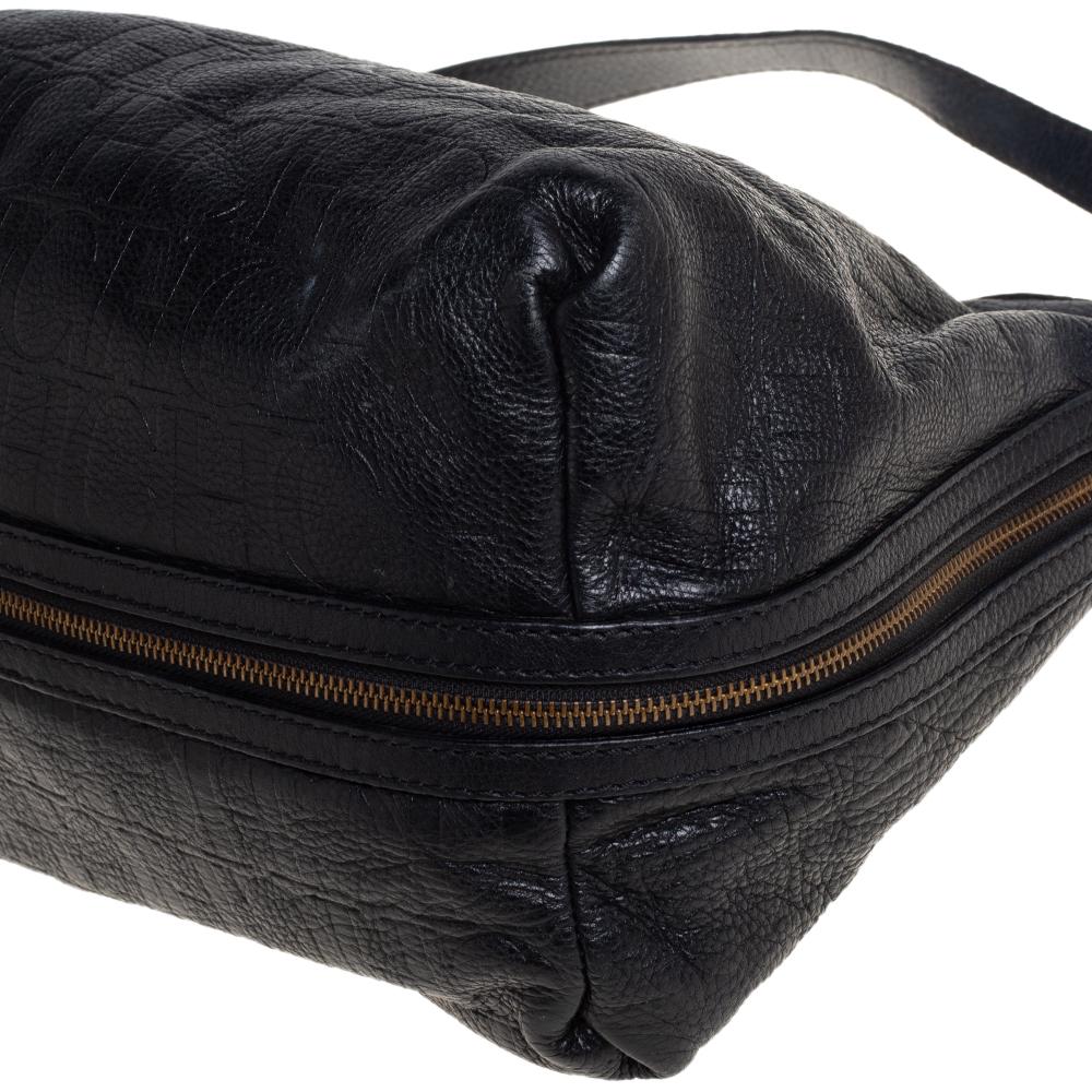 Carolina Herrera Black Monogram Embossed Leather Expandable Hobo 5