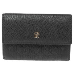 Carolina Herrera Black Monogram Embossed Leather French Compact Wallet