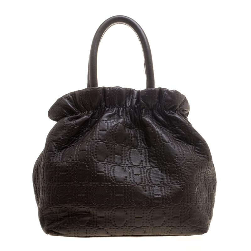 Women's Carolina Herrera Black Monogram Embossed Leather Tote