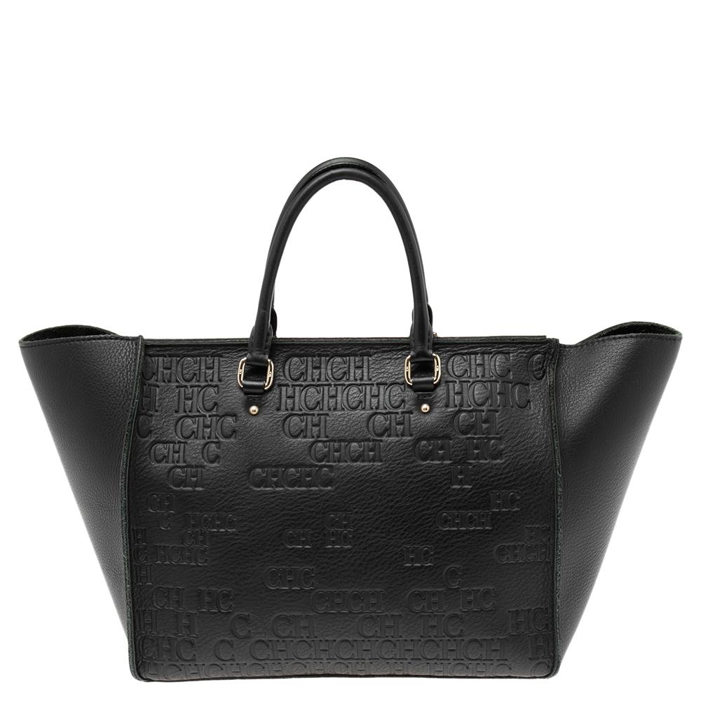 Carolina Herrera Black Monogram Embossed Leather Vendome Tote In Good Condition In Dubai, Al Qouz 2