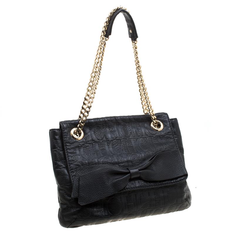 Carolina Herrera Black Monogram Leather Audrey Shoulder Bag In Good Condition In Dubai, Al Qouz 2