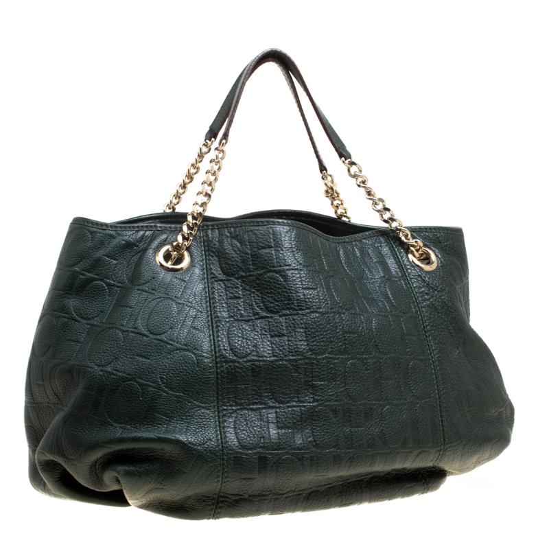 Carolina Herrera Black Monogram Leather Poppy Hobo In Good Condition In Dubai, Al Qouz 2