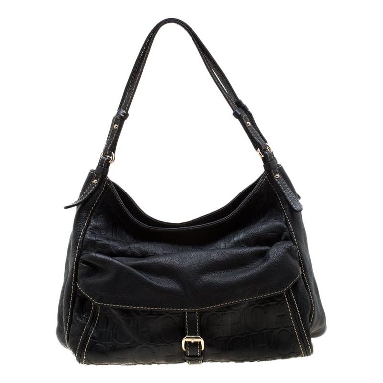 Carolina Herrera Black Monogram Leather Shoulder Bag For Sale at 1stDibs