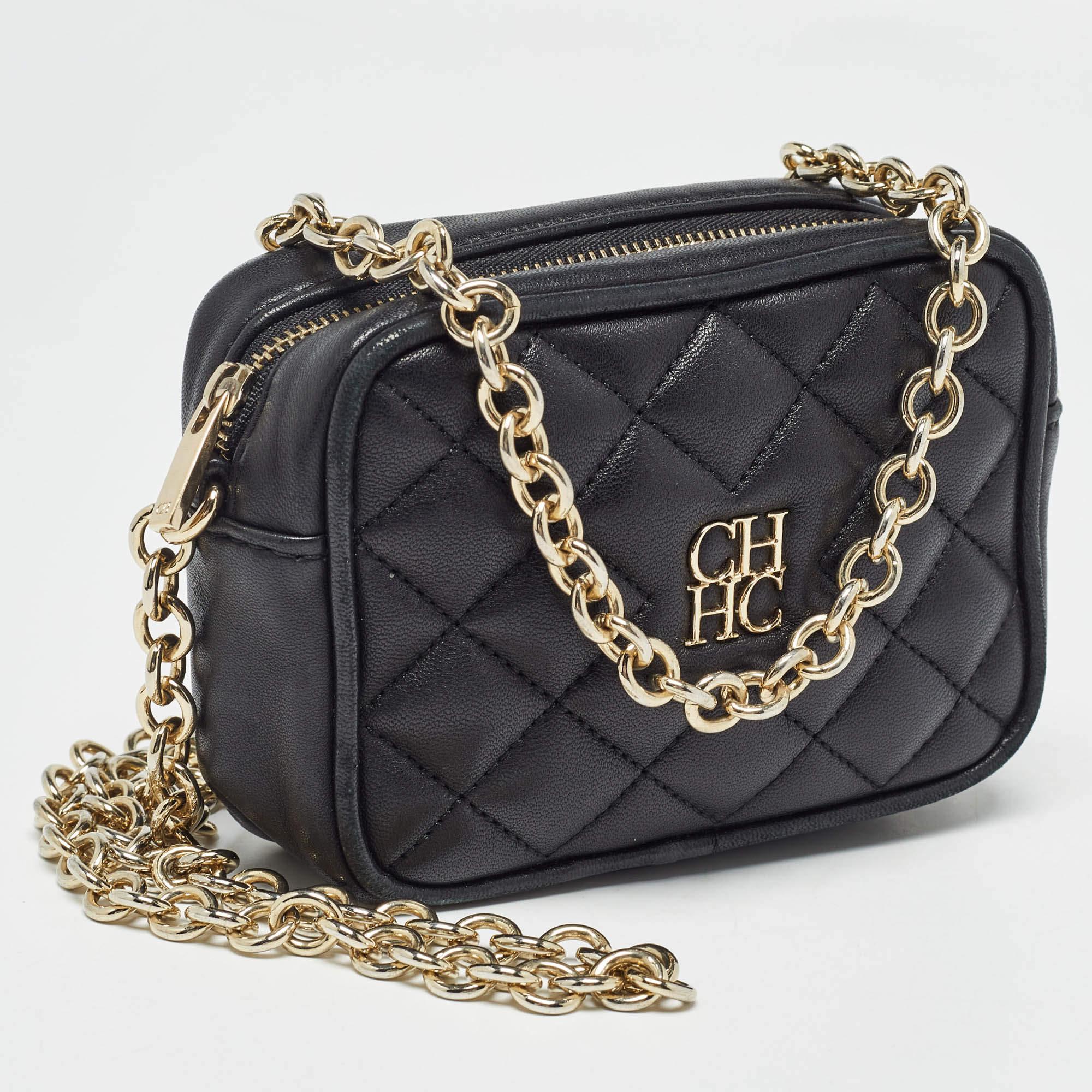 Carolina Herrera Black Quilted Leather Mini Chain Crossbody Bag In Good Condition In Dubai, Al Qouz 2