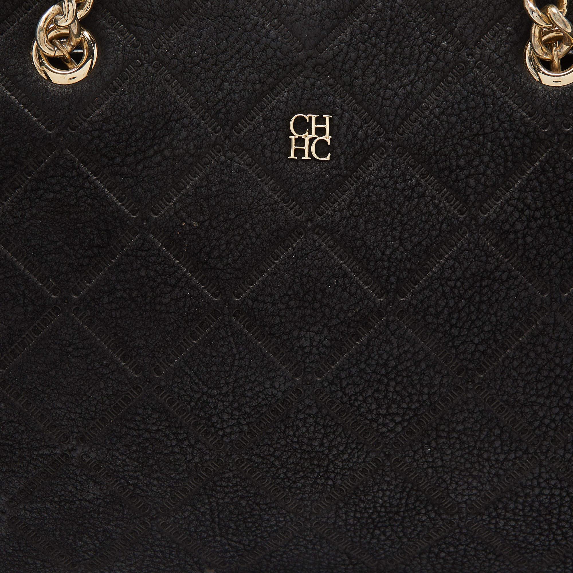 Carolina Herrera Black Quilted Logo Embossed Nubucke Leather Chain Tote 6