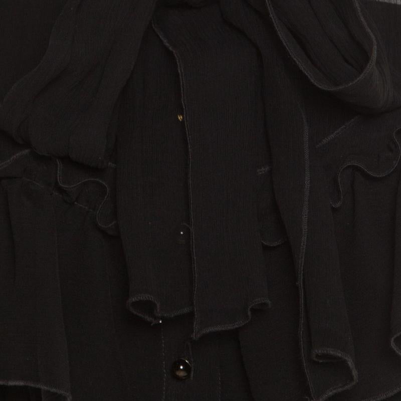 Carolina Herrera Black Ruffled Silk Chiffon Neck Tie Detail Sheer Blouse M In Good Condition In Dubai, Al Qouz 2