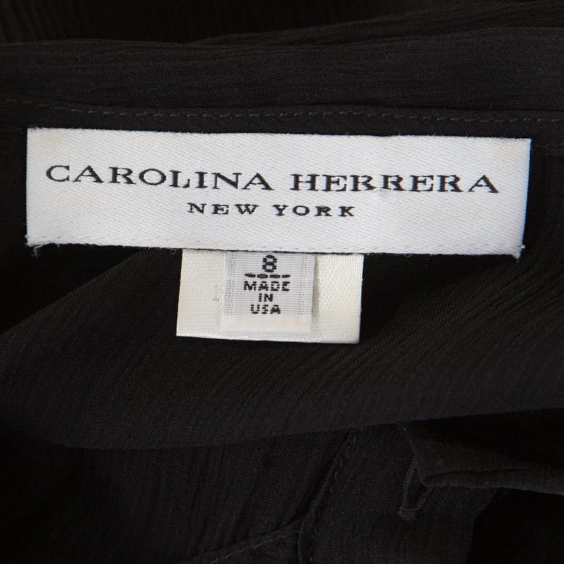 Carolina Herrera Black Ruffled Silk Chiffon Neck Tie Detail Sheer Blouse M 1