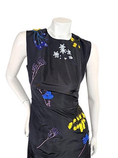 Carolina Herrera Black Silk Multicolor Floral Embroidered A-Line Dress, US 2